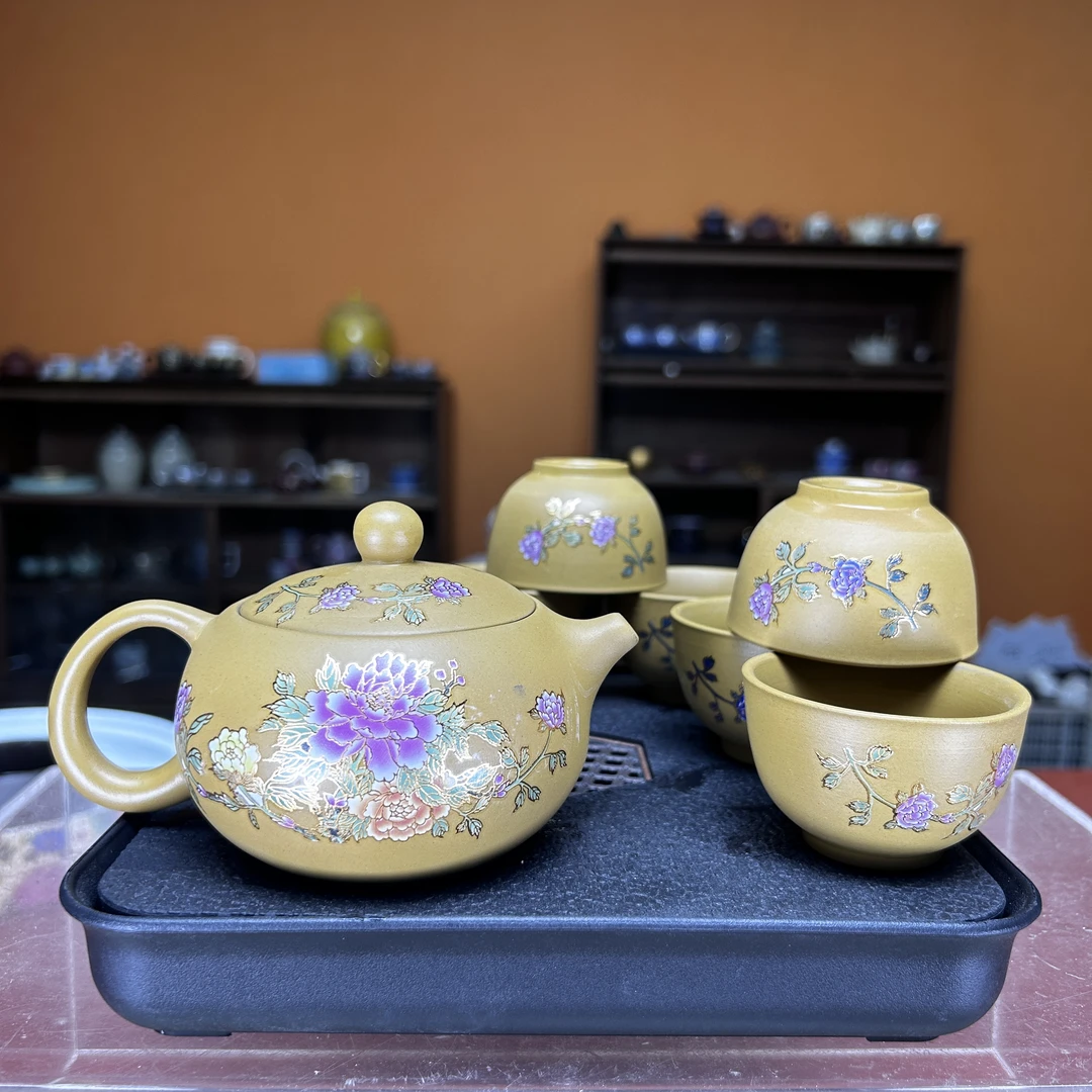 德化云仓 黄段泥【花开富贵-牡丹】西施壶+6杯+盘-2736