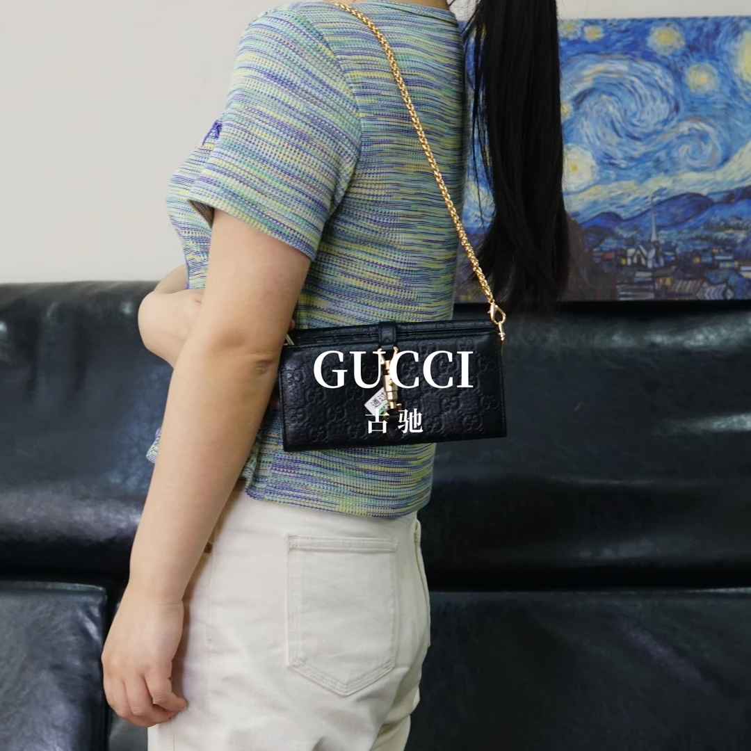95新 GUCCI/古驰 黑色压纹链条钱包/WJ03330073/0073