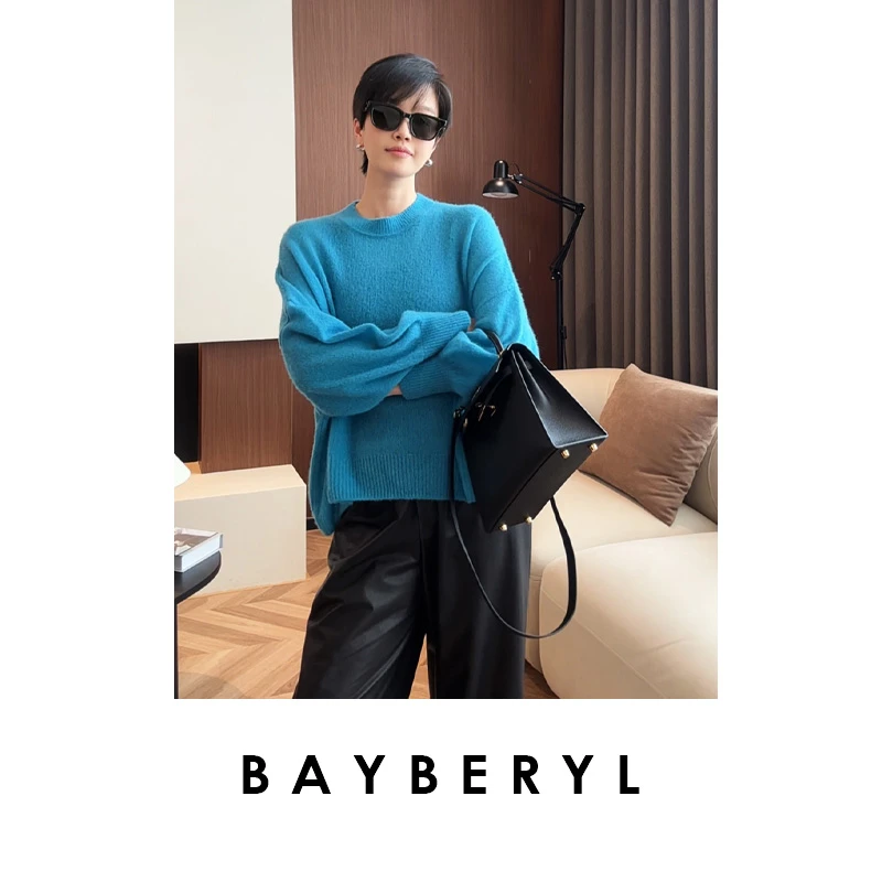 BAYBERYL老贝甸子蓝*丝羊绒柔落袖圆领秋针织衫9ZZS5H2622-8/27