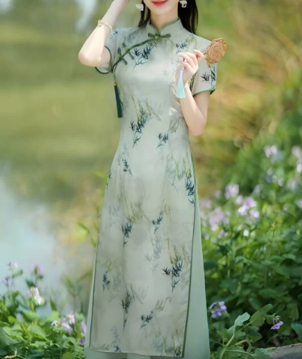 A101419，竹韵，薄荷曼波中国风改良奥黛旗袍裙，衣长120左右，M~4XL