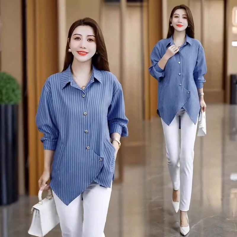 条纹长袖衬衫女2025春季新款洋气质宽松遮肉显瘦中长款不规则衬衣