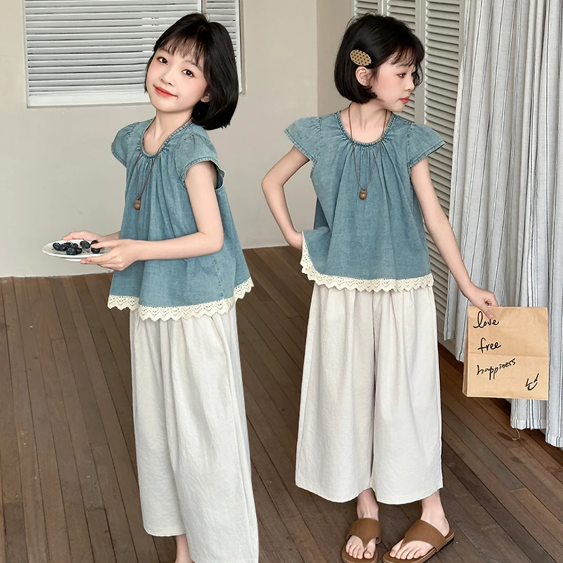 母女装 女童亲子同款25年夏季新品牛仔飞袖套装阔腿宽松时尚洋气