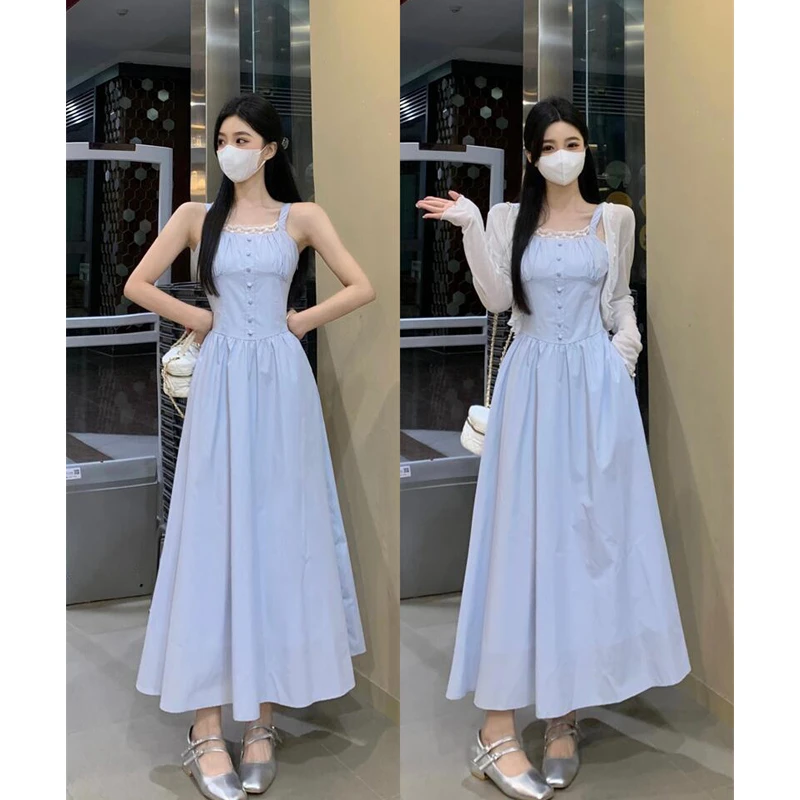 大码春夏新款胖mm洋气法式蕾丝拼接连衣裙女中长款吊带裙子开衫仙