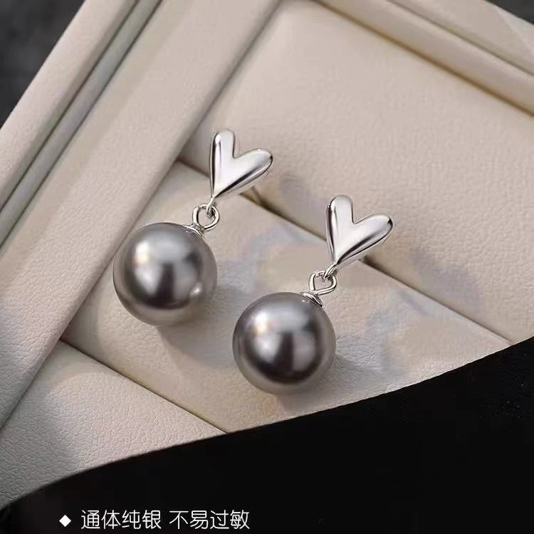 足银耳饰 灰灰925银针高级感银灰色仿珍珠耳饰