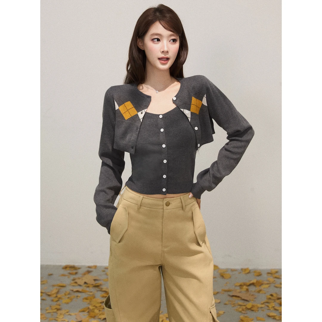 谢不肉 撞色格纹长袖罩衫女秋季内搭针织背心套装50465/50468