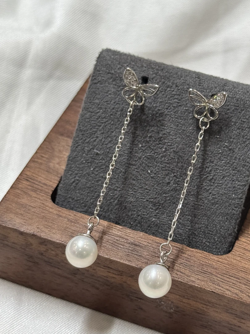 【YzzM珍珠】“蝴蝶飞飞耳线”正圆无暇6-7极光珍珠耳线精致百搭