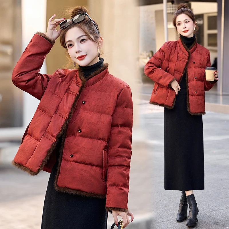 真水貂毛羽绒服女2025冬新中式复古高级红年轻妈妈减龄短款外套