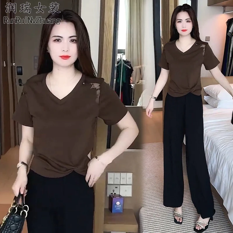 夏季简约时尚套装女2025新款小个子设计感短袖T恤阔腿裤两件套潮