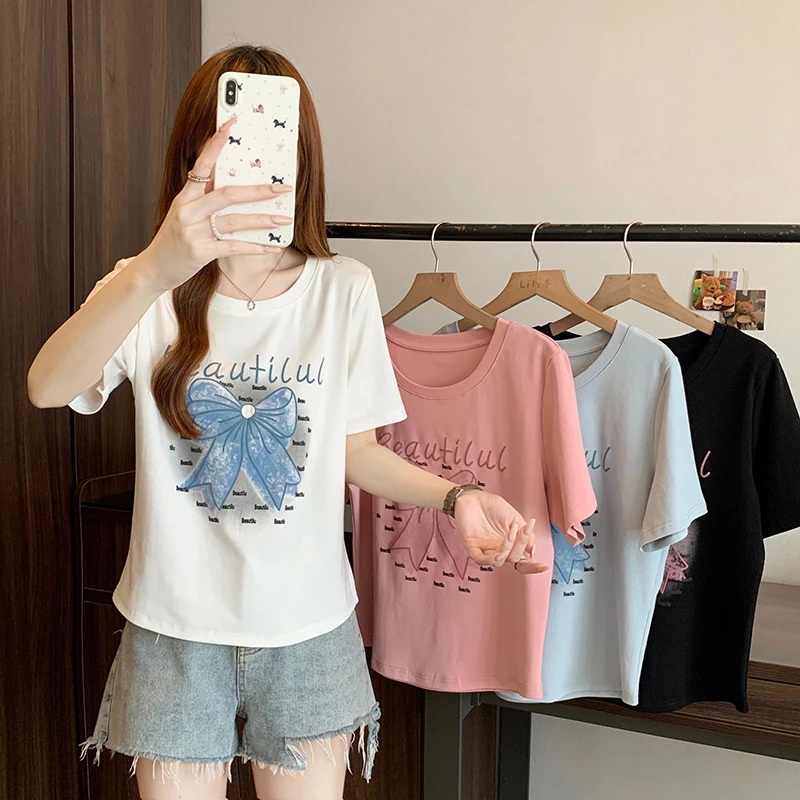 2025夏装新款胖mm大码女时尚印花蝴蝶结宽松显瘦短袖T恤