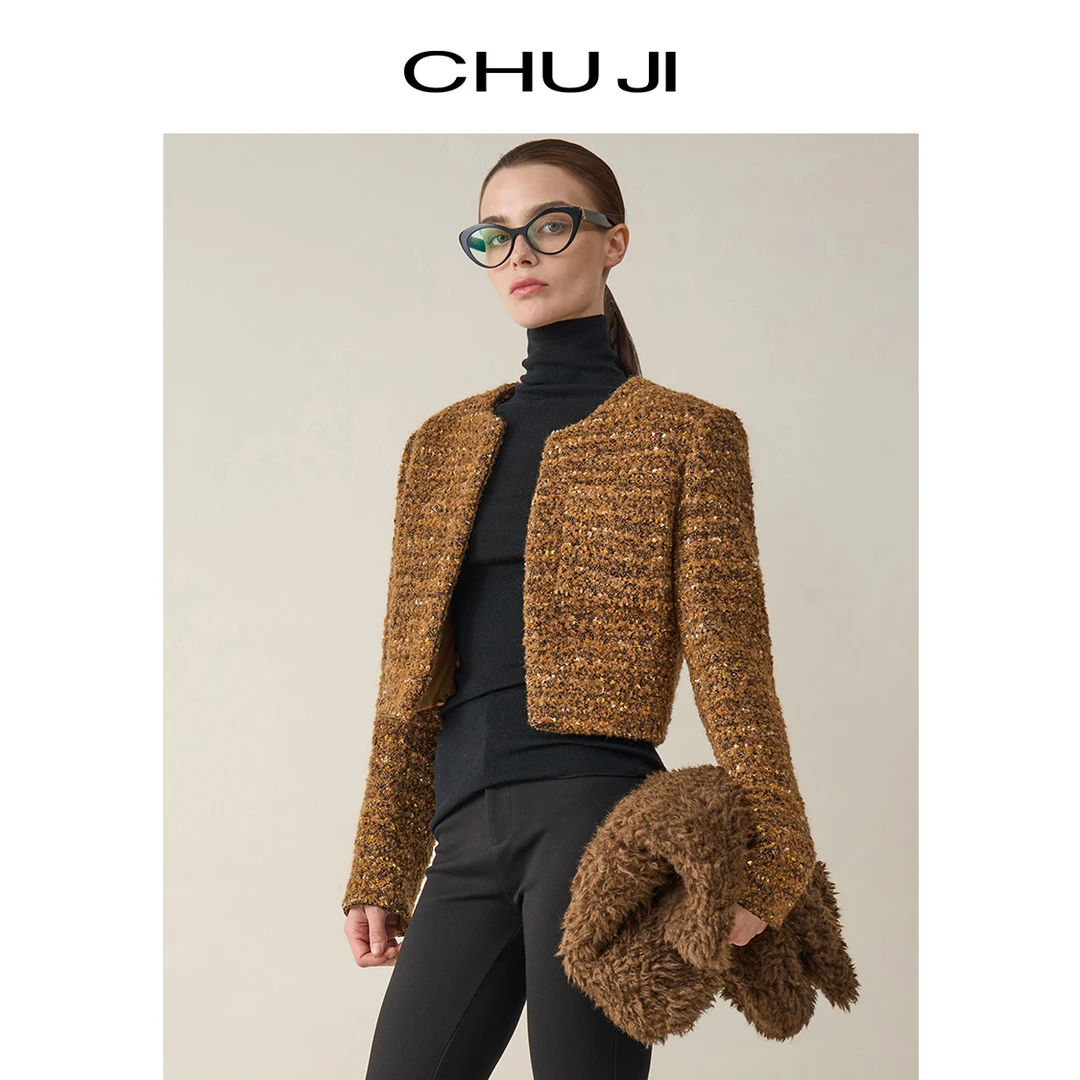 Chuji/出迹别致高级花纱羊毛粗花呢小香风外套冬季新款D2Y1672W