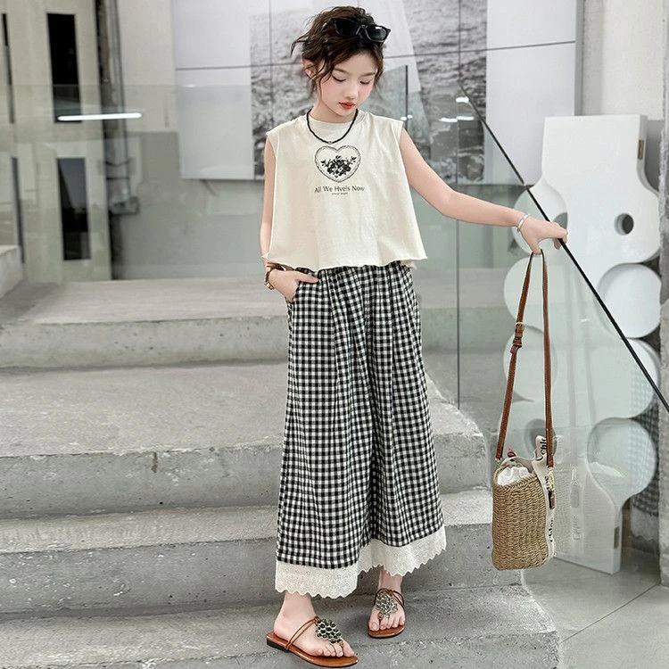 女童夏装裤子2025新款洋气女孩中大童夏季网红炸街格子阔腿裤时髦