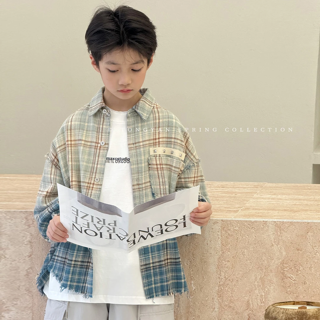 男童春装长袖衬衫中大童自制格子时尚渐变儿童衬衣外套韩TY70901