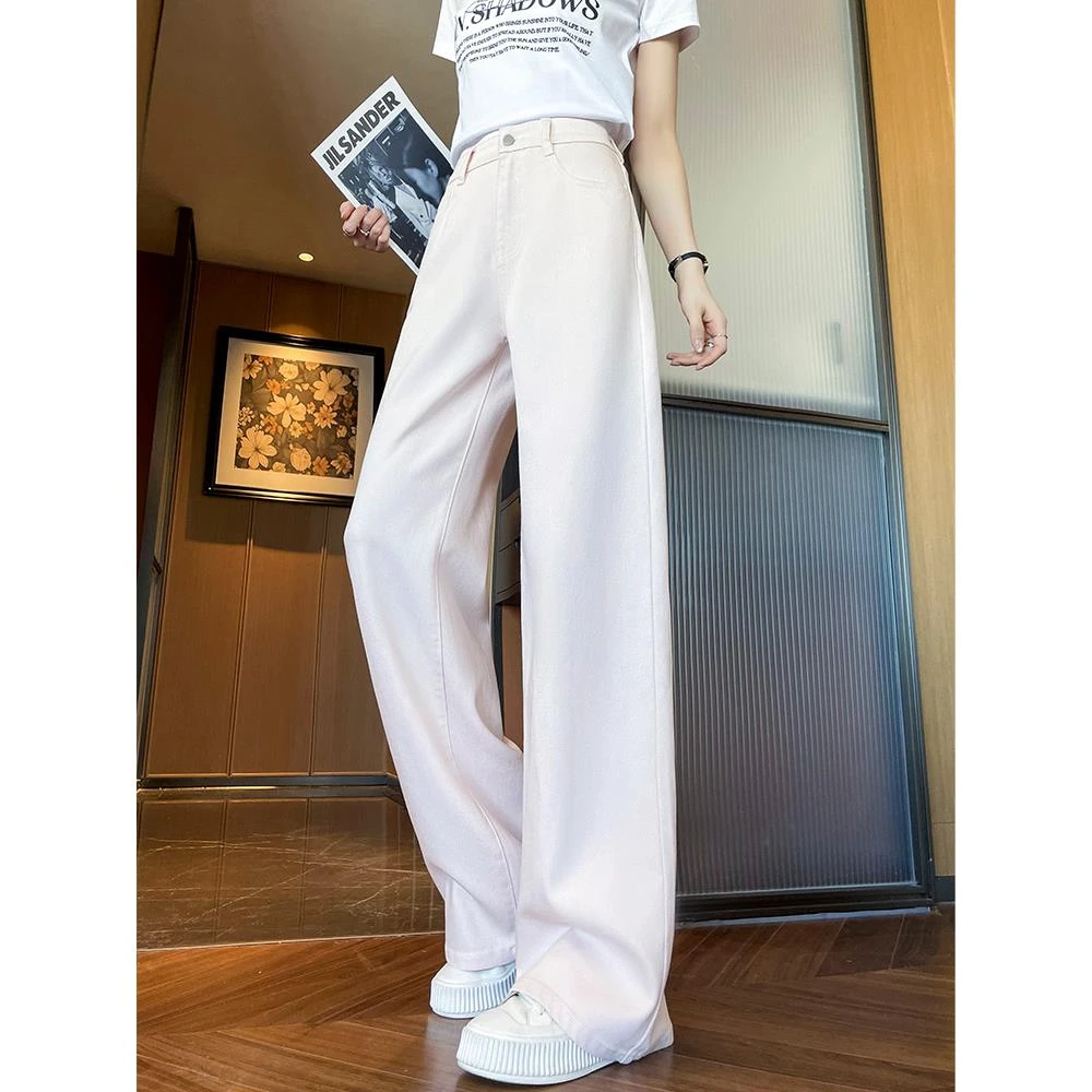 莱赛尔白色窄版阔腿牛仔裤女2025春夏薄款新款高腰垂感宽松直筒裤