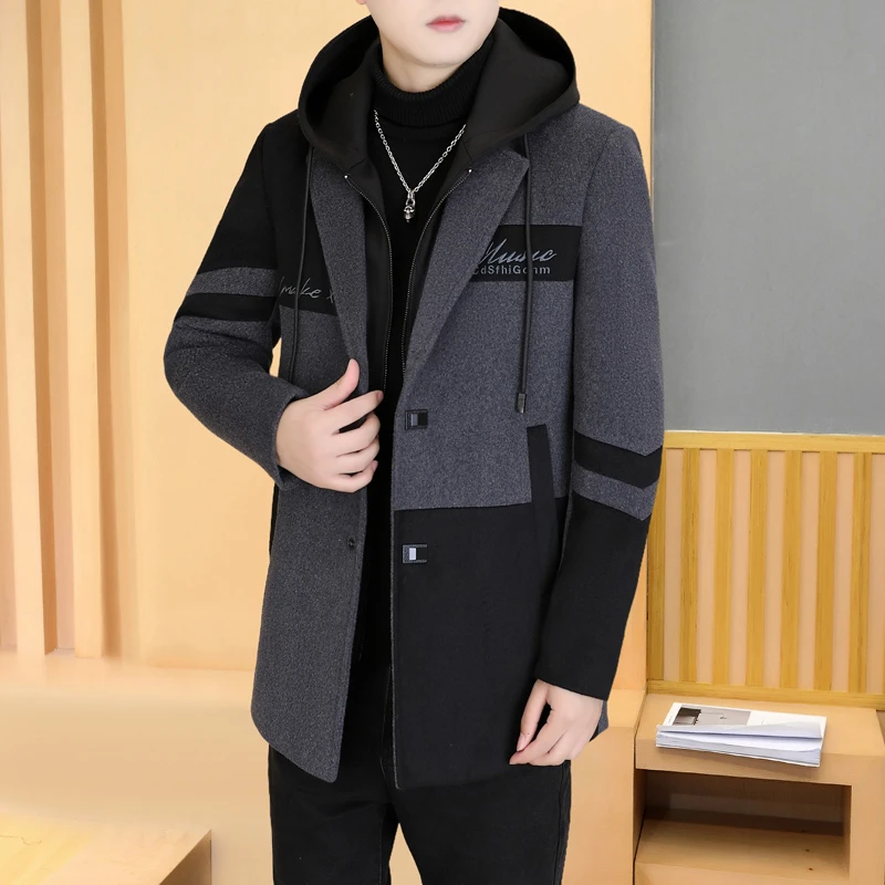 2025冬季秋冬男士潮流高端拼色毛呢风衣外套时尚中长韩版呢子外套