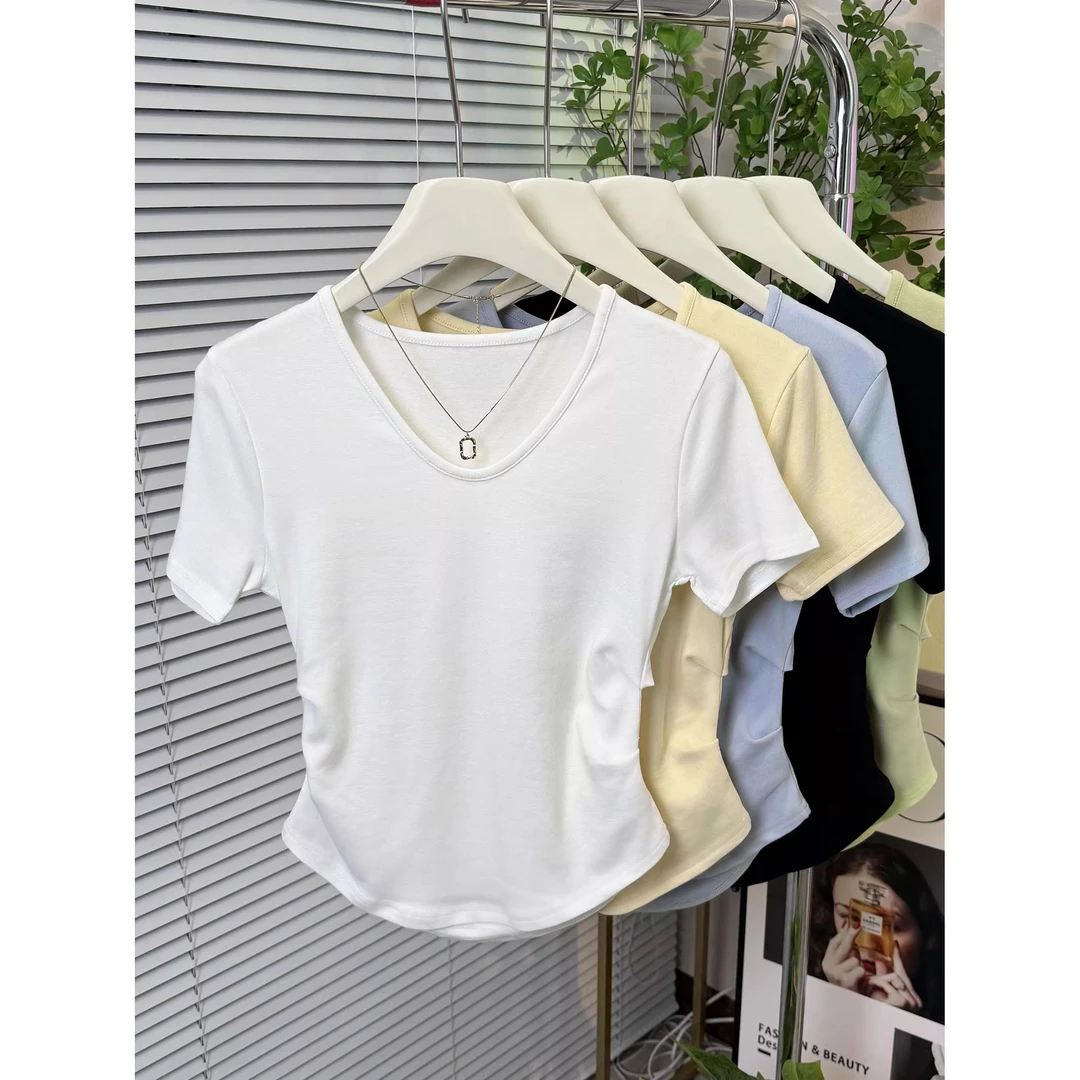 2025夏季装韩版V领修身不规则褶皱收腰短袖纯色莫代尔t恤女士上衣