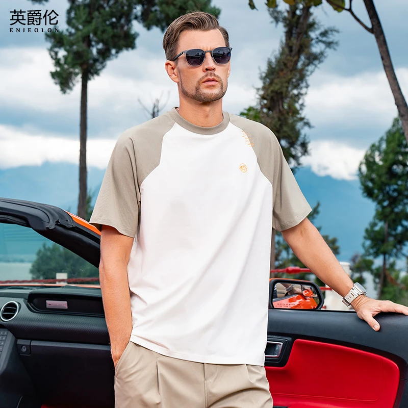 【凉感莱赛尔棉+5A抑菌美式撞色短袖T恤夏季男插肩袖体恤T3219