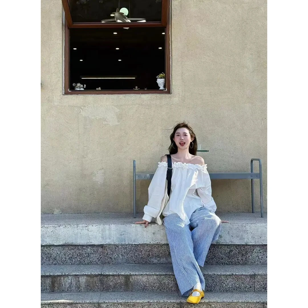 法式一字领露肩收腰衬衫2025新款夏季设计感小众富家千金气质衣服