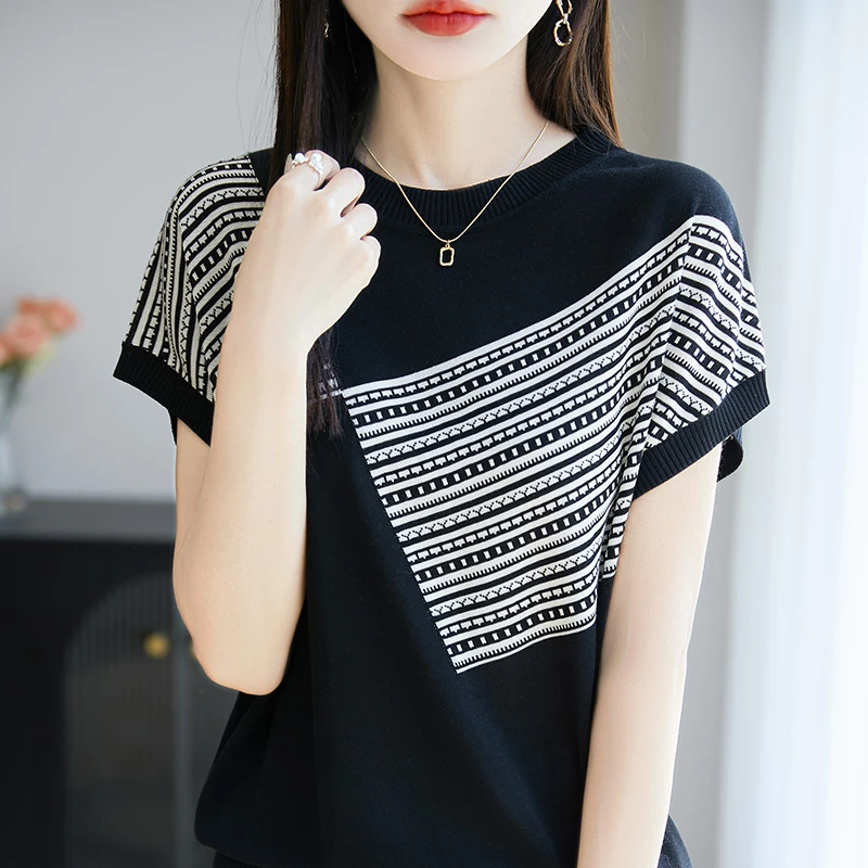 2025秋季新款短袖T桖女装休闲百搭薄款圆领针织衫上衣条纹387