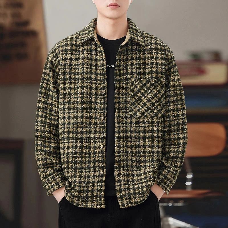 高端法式小香风600g色织格子衬衫男秋季重磅翻领质感休闲夹克外套