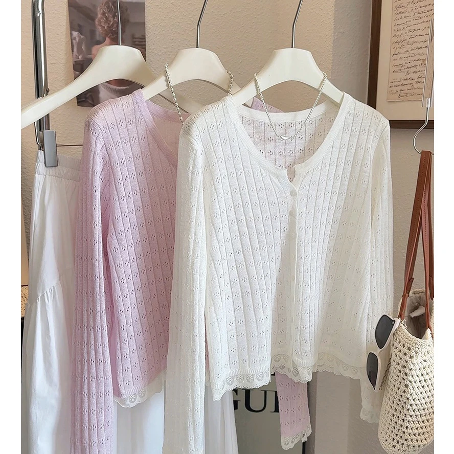 镂空钩花~夏季薄款长袖针织衫拼蕾丝女2025新款韩系百搭外穿正肩