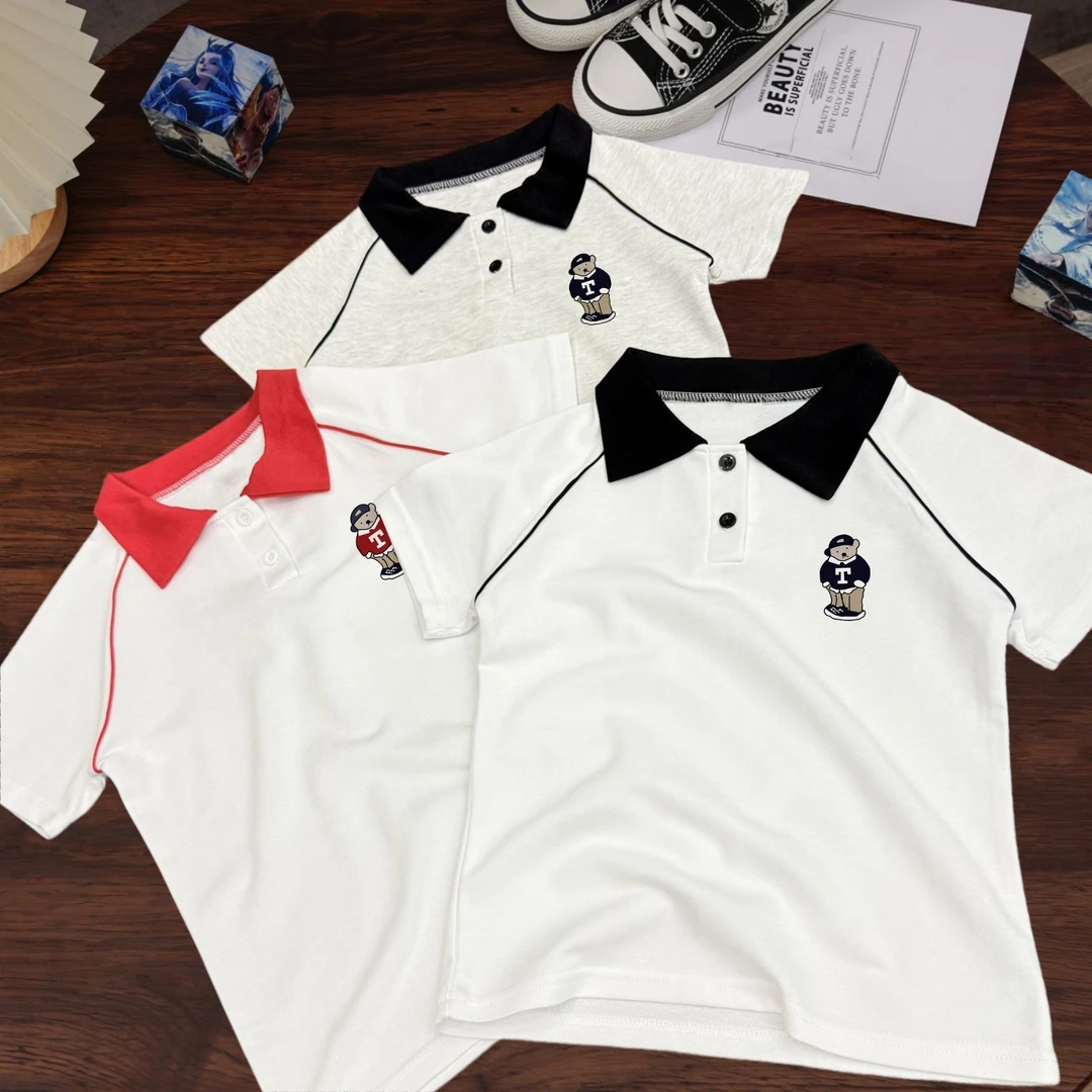 2025年新款儿童夏季男女童POLO领短袖T恤韩系小熊印花半袖衫上衣