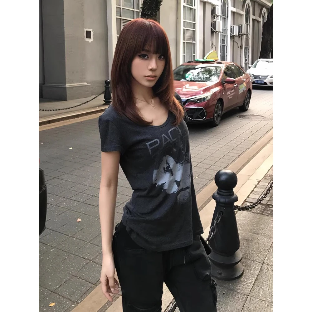 美式辣妹大领口正肩短袖t恤女夏季字母印花短袖宽松显瘦短款上衣