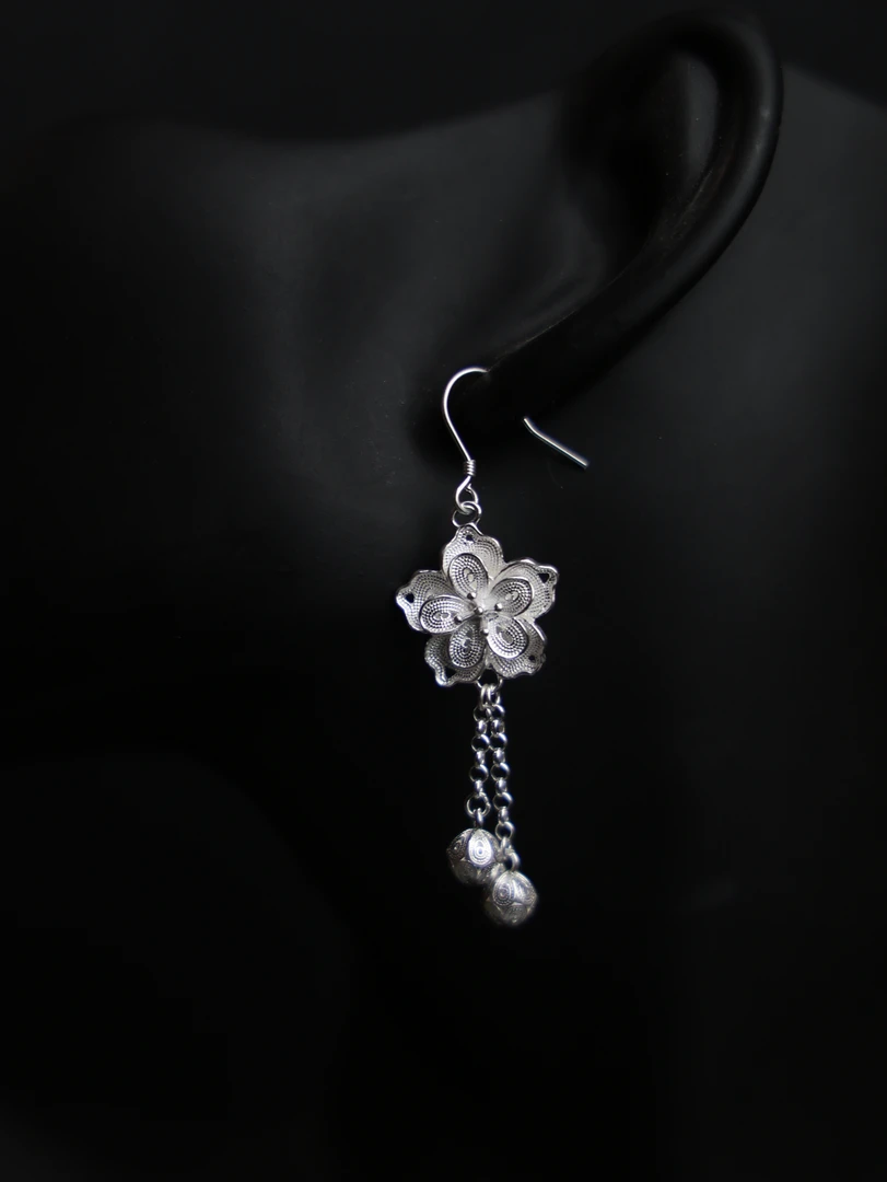 足银耳饰 复古大花新中式足银气质百搭镶嵌耳环耳坠耳钩长款饰品