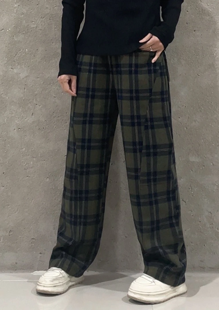 直播撞色格纹高腰阔腿裤女秋冬季韩版宽松显瘦休闲拖地裤50209