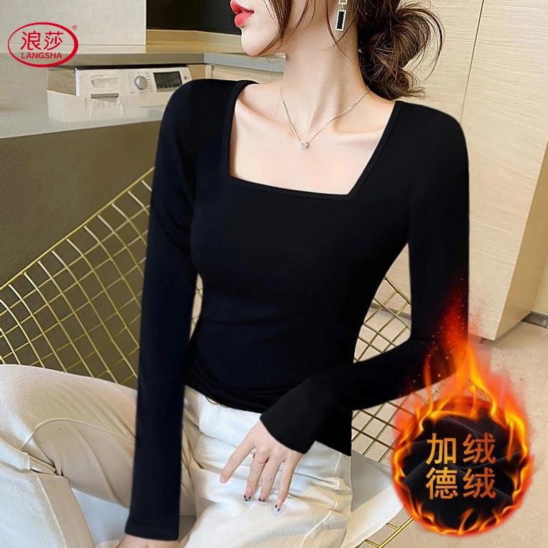 浪莎LANSWE/艾格黑色双面德绒打底衫女春秋新款方领长袖加绒加厚