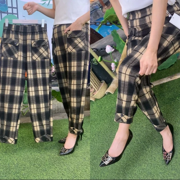 21003春季新款洋气马丁裤休闲妈妈小脚裤收腿修身复古格子裤