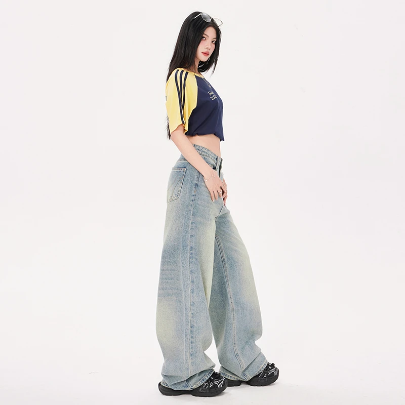 2025秋装复古蓝猫须浅蓝做旧水洗牛仔裤女美式宽松阔腿直筒裤
