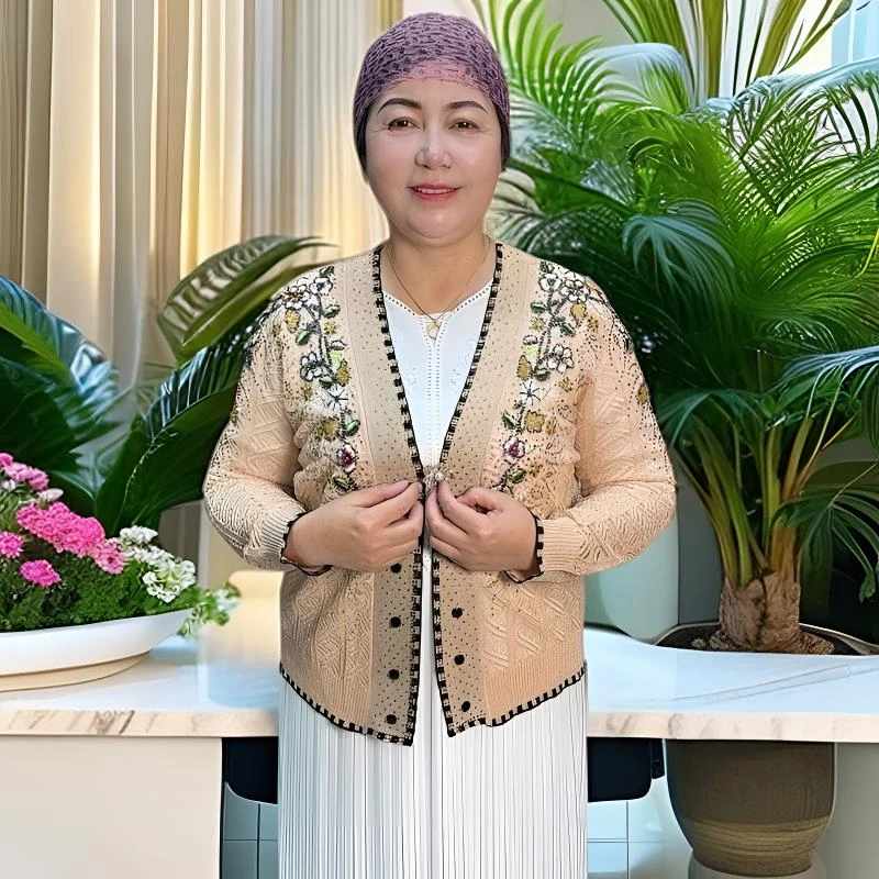 【新疆包邮】重工珠绣气质中老年妈妈夏季宽松针织绣花开衫外套