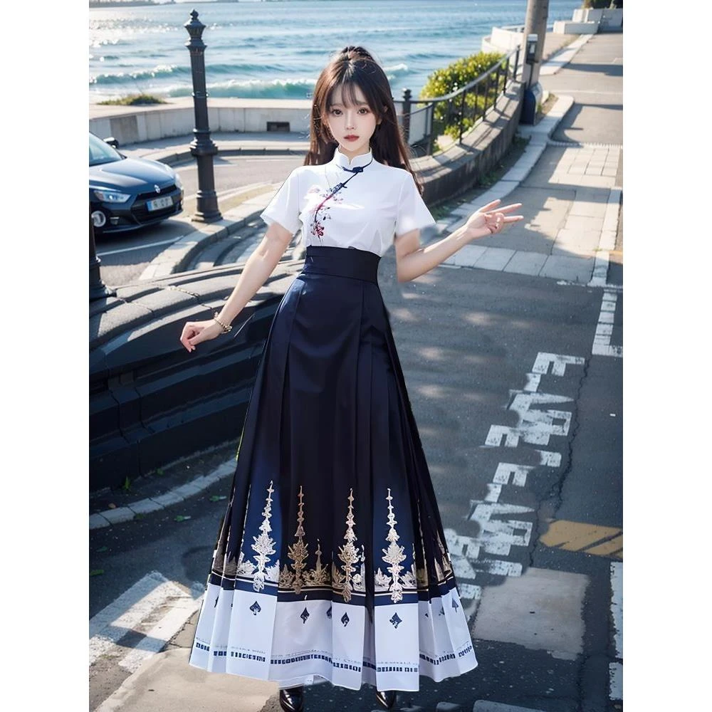 国风复古新中式绣花上衣马面裙套装2024夏季新款清冷风网红两件套