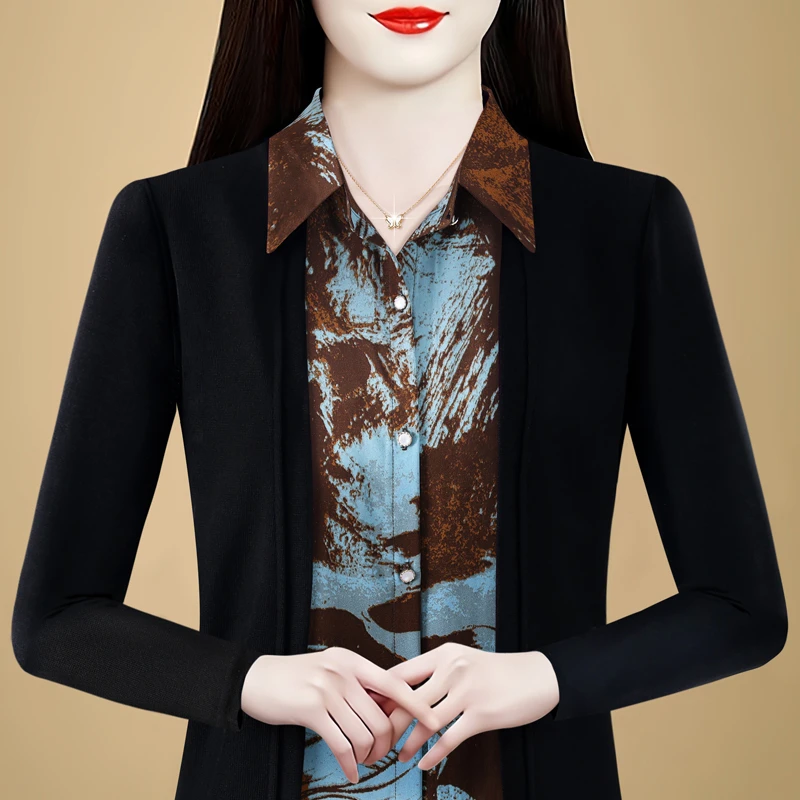 2025秋冬新款高档假两件衬衫印花针织上衣洋气长袖加厚小衫9226潮