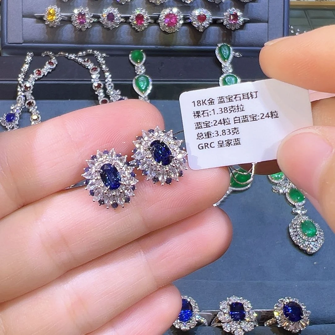 蓝宝石耳钉18K金镶嵌