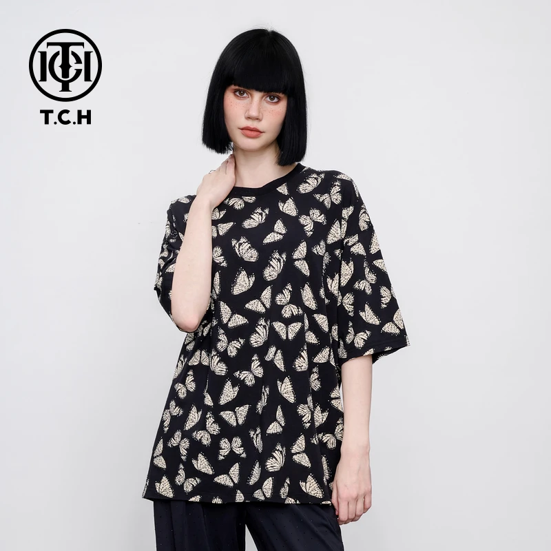 TCH轻奢烫钻蝴蝶圆领百搭街头短袖T恤男女同款T75B106062私服tch