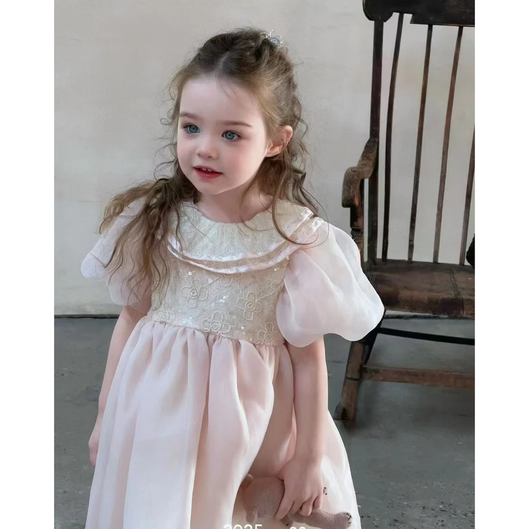2025夏““花田错”女童花边领泡泡袖蕾丝连衣裙25018