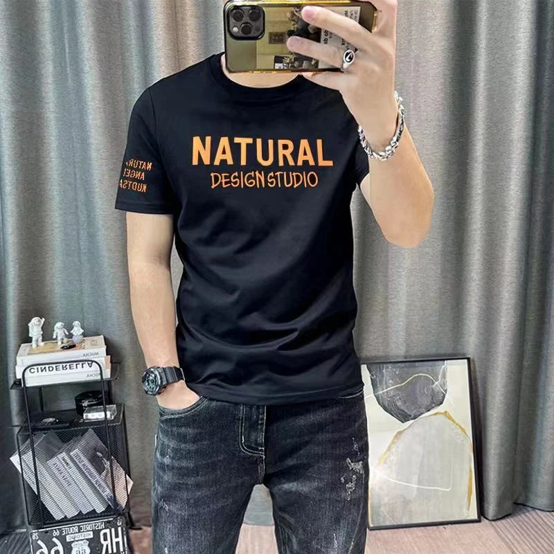 潮牌时尚潮流男款圆领短袖T恤2025夏季重磅纯棉休闲修身半袖上衣