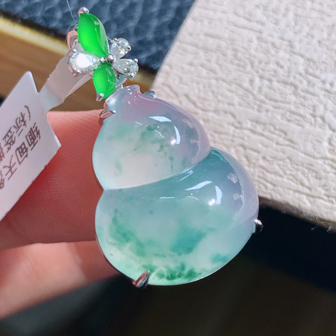 缅甸天然翡翠A货老坑冰种浓墨飘花葫芦吊坠29.4*17.5*8.3编号5