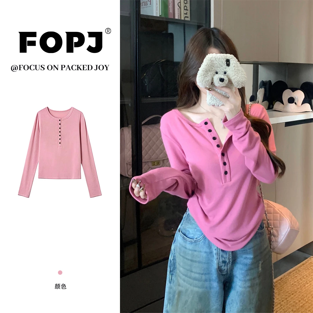 FOPJ早秋季新款韩系半开扣正肩长袖设计感辣妹风复古休闲显瘦上衣