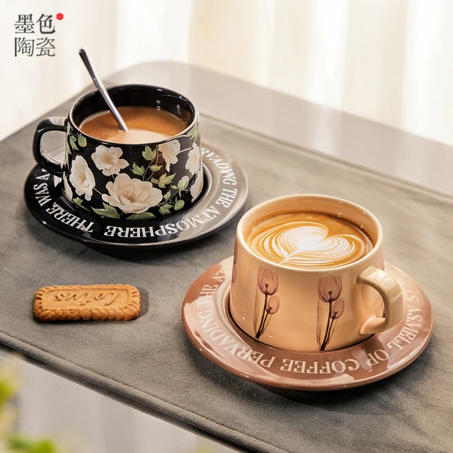 墨色日式复古咖啡杯碟套装创意粗陶拉花水杯子家用高档精致马克杯
