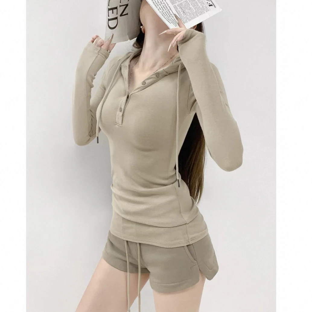 春秋简约美式辣妹修身显身材休闲连帽卫衣显瘦收腰内搭长袖上衣女