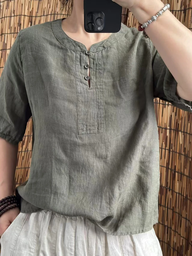 509干洗悍麻小排扣压褶套头衬衫时尚气质