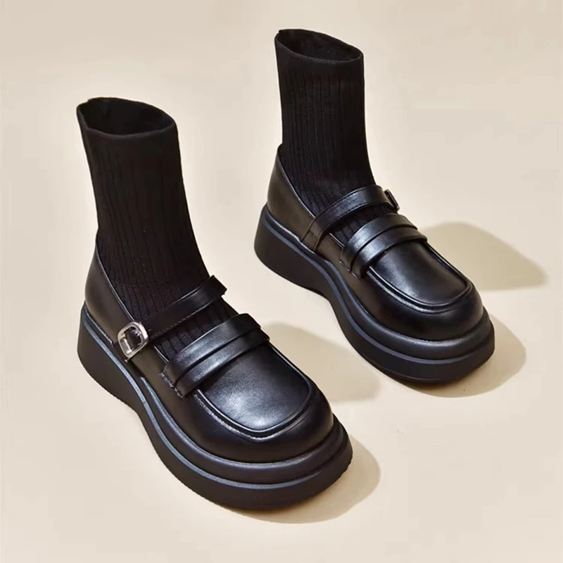 英伦风厚底袜子马丁靴女针织弹力袜靴ins潮炸街瘦瘦靴子秋季短靴