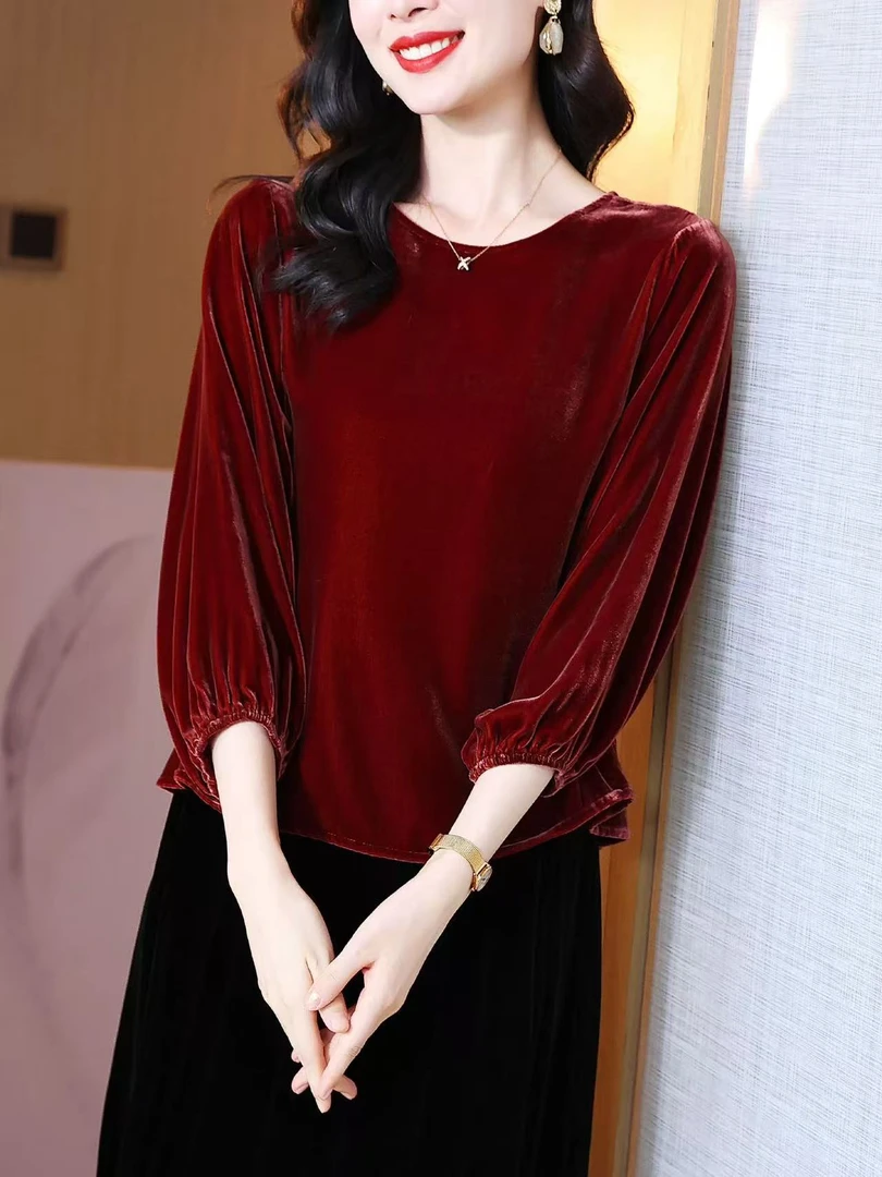 15472樱美嘉圆领纯色真丝丝绒上衣女收腰显瘦简约大方t恤小衫
