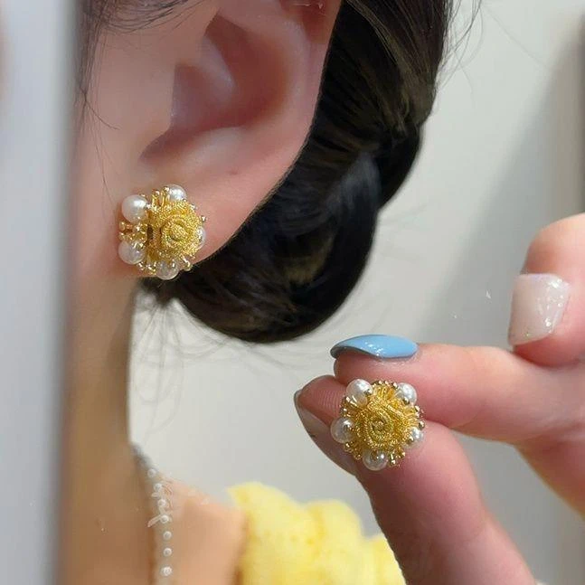 合金耳饰 轻奢玫瑰花珠珠耳钉女2025小众复古高贵气质耳环精致时