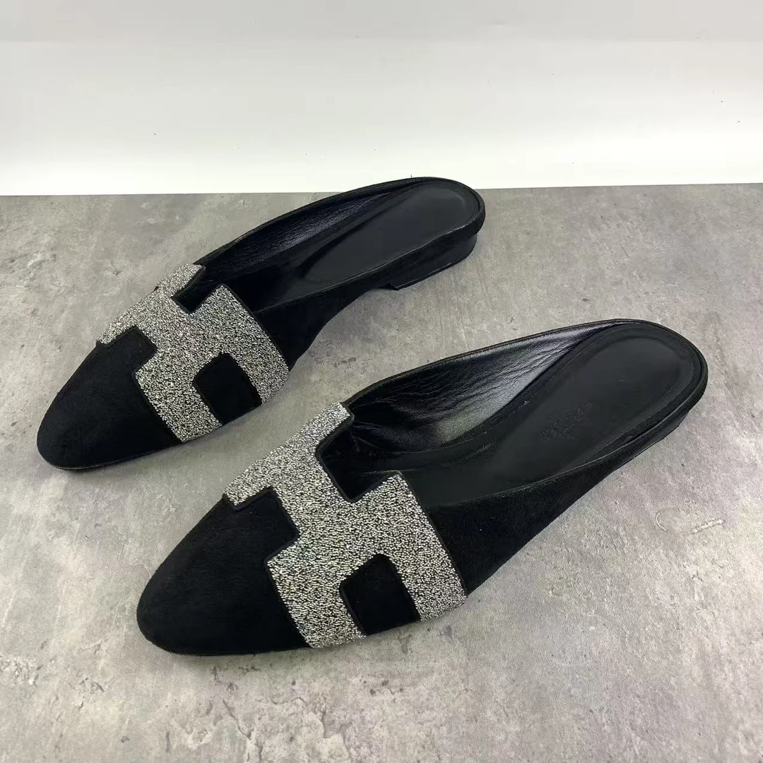 95新 Hermes/爱马仕 37.5码/仔仔/无配件/黑色满天星拖鞋 xxs1131