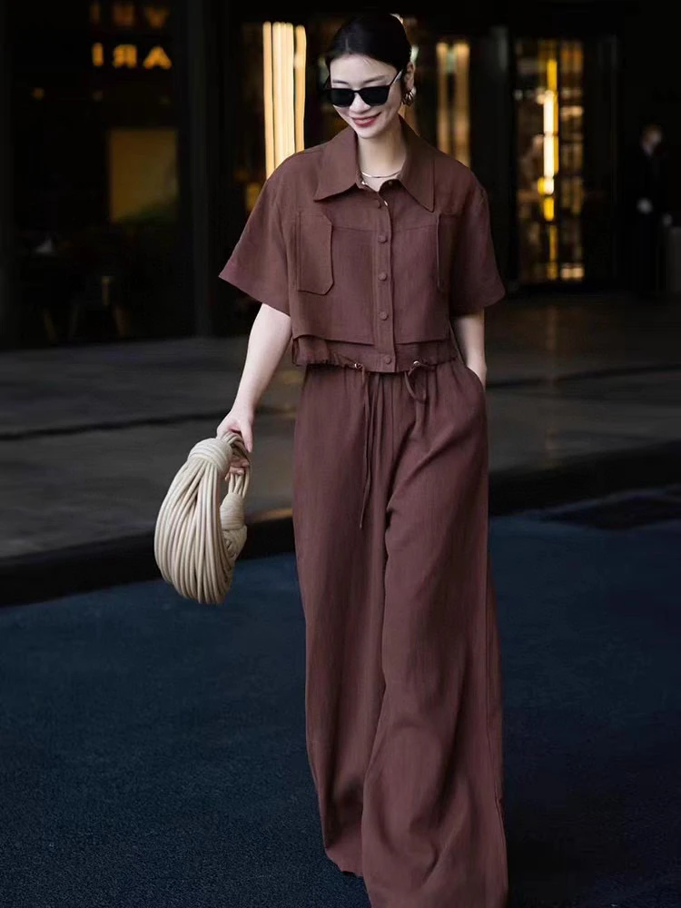 洋气时尚亚麻面料高级红棕色抽绳上衣➕阔腿裤两件套腰部加抽绳