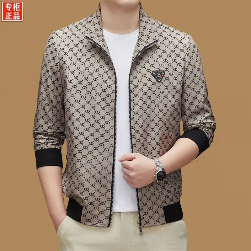 专柜高档立领夹克男士休闲春秋中青年商务印花薄款外套潮