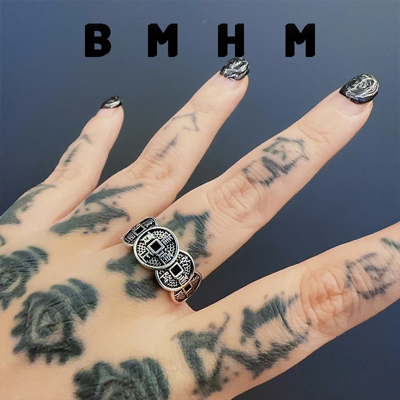 BMHM 铜合金戒指 五帝钱币开口戒指男女潮霸气复古做旧招财食指戒